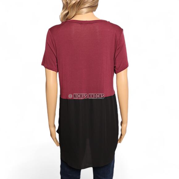 Lush Stitch Fix Maroon Black Colorblock Top Sheer Mixed Media Scoop Neck Size M - Picture 6 of 10